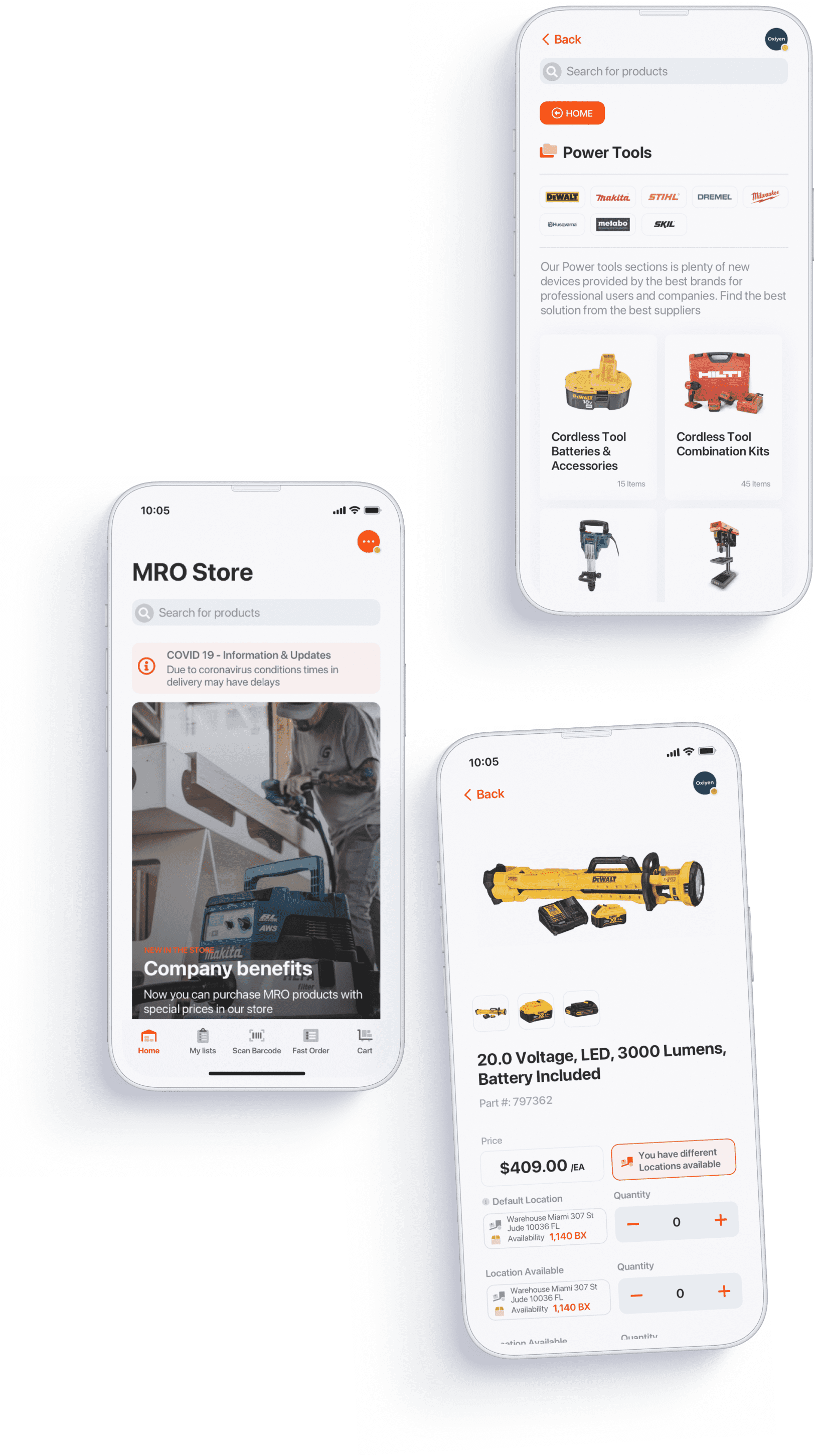Oxiyen mobile commerce app showing product catalog synced to ERP